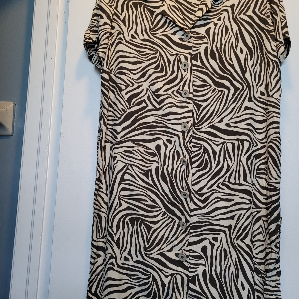 Zebra Print Button-Front Dress in Black & Cream